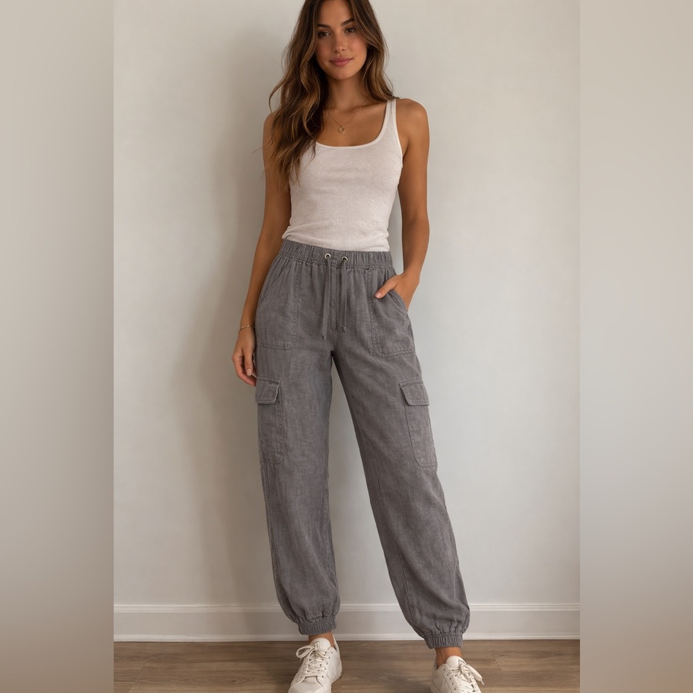 NWT Nicole Miller New York grey linen cargo jogger pants